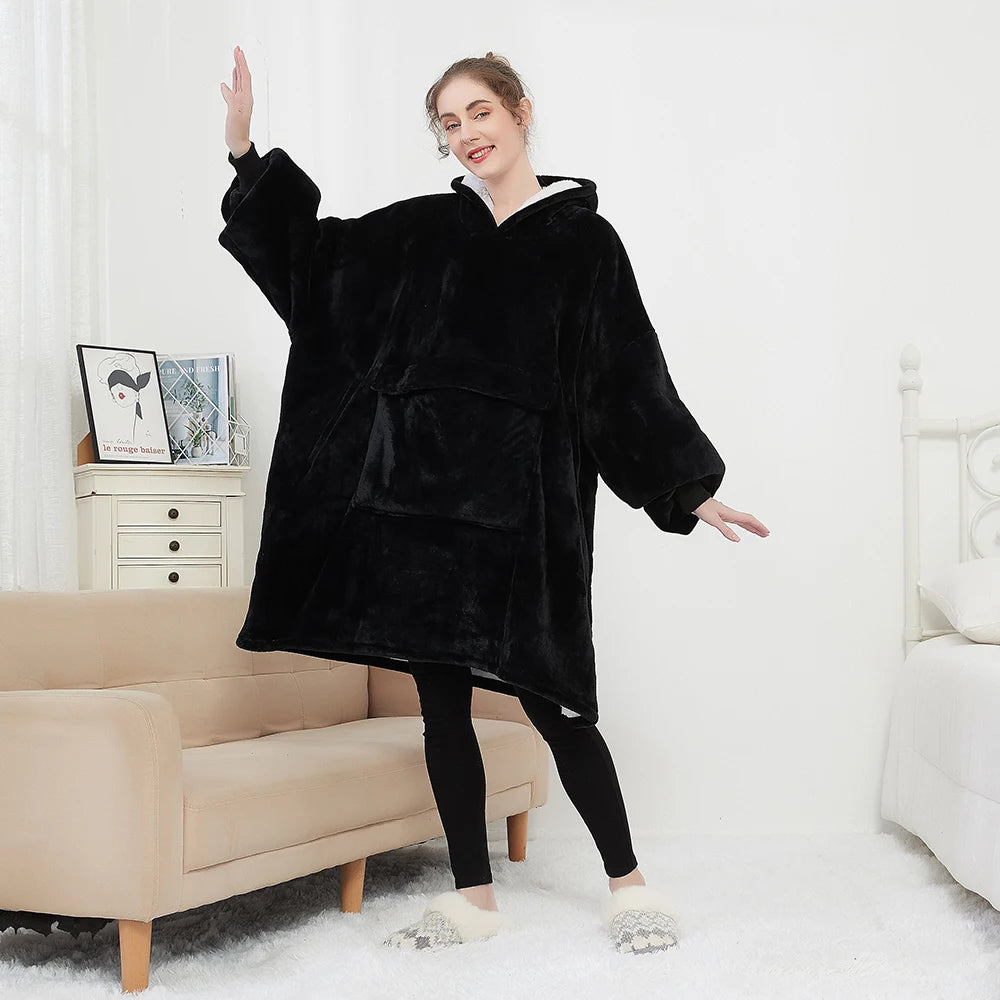 Custom Solid Giant Pocket Women Men Hooded Sherpa Wearable Blanket Sweatshirt Oversized Hoodie Blanket for Adults