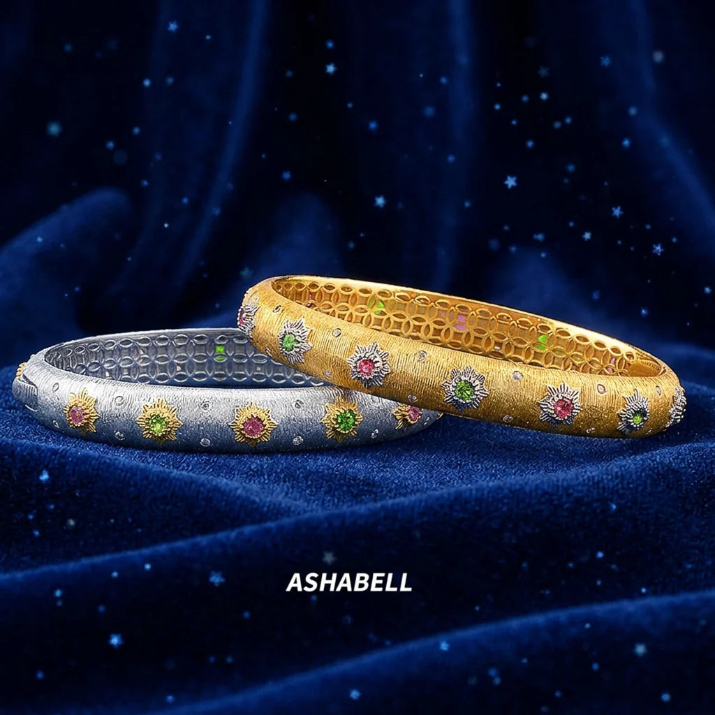 Chinese Retro Italian Court Brushed Craftsmanship With Gemstones S925 Silver Gold Bracelet for Women Bangles