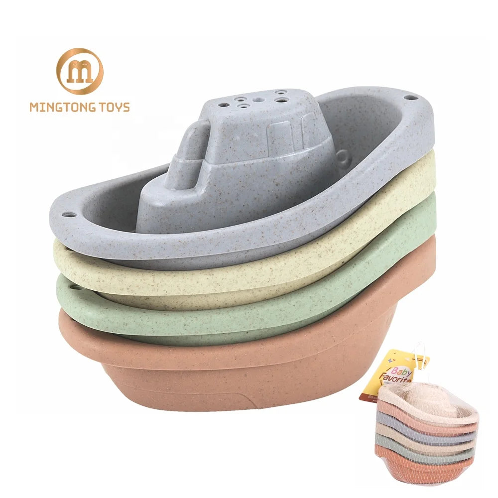 Wheat Straw Recyclable Plastic 6 Piece Little Boat Train Bath Sprinkler Toys Stack Cup Toy Pastel Manufacturer Stacking Cups MegaBDM