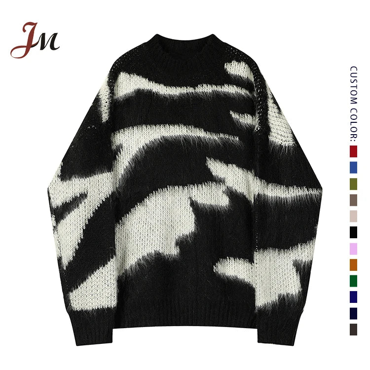 Custom Oem & Odm Fashion Jacquard Men Designer Knit Sweater Mohair Knitwear Crew Neck Pullover Men's Fuzzy Sweaters