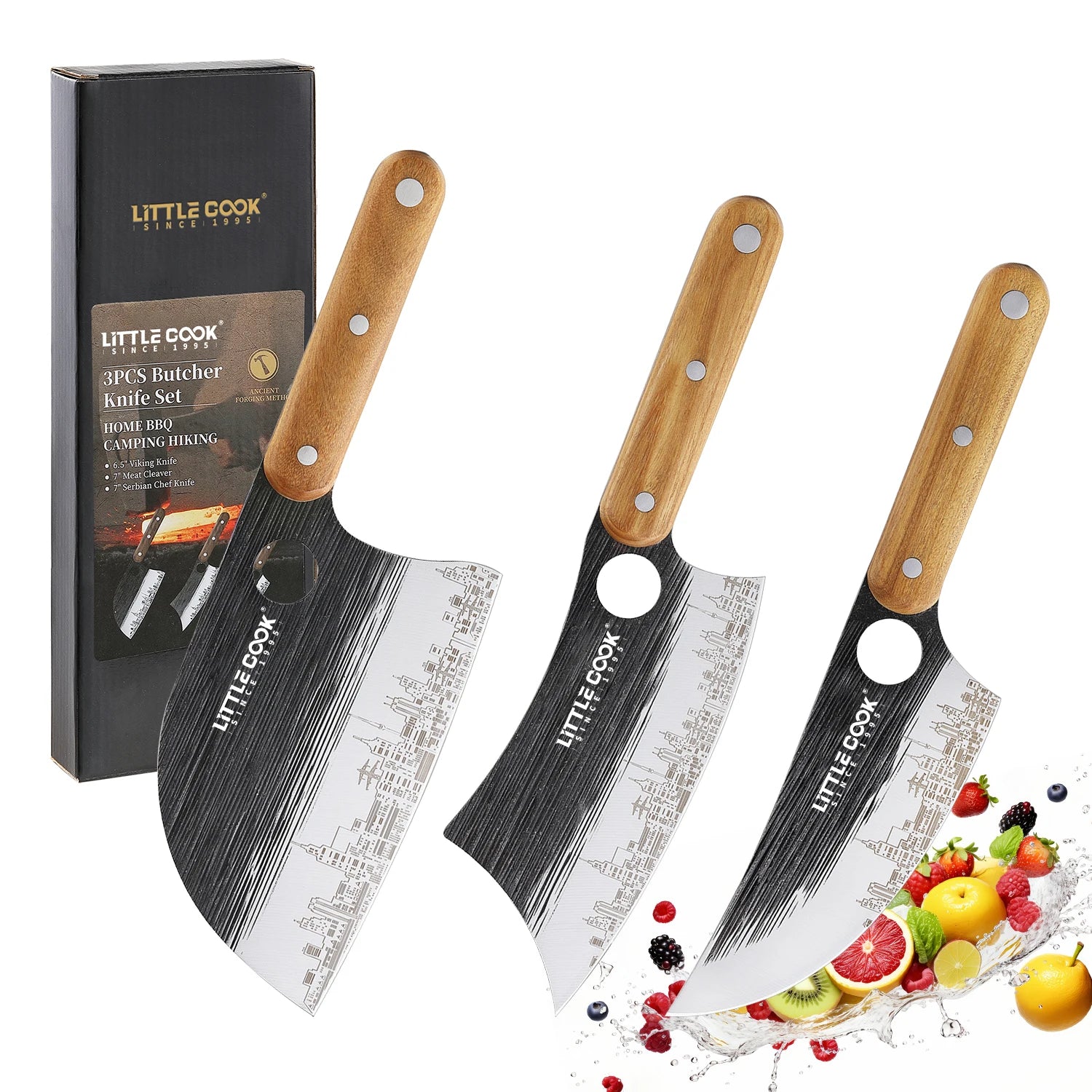 3PCS Stainless Steel Kitchen Butcher Viking Serbain Chef Knife Set with Luxury Wooden Handle amd Unique Pattern for Cooking