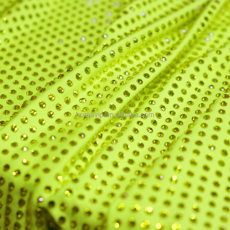 Green Rhinestone Fabric Embroidery Elastic Crystal Lace Club Sparkling Crystal Fabric With Rhinestone