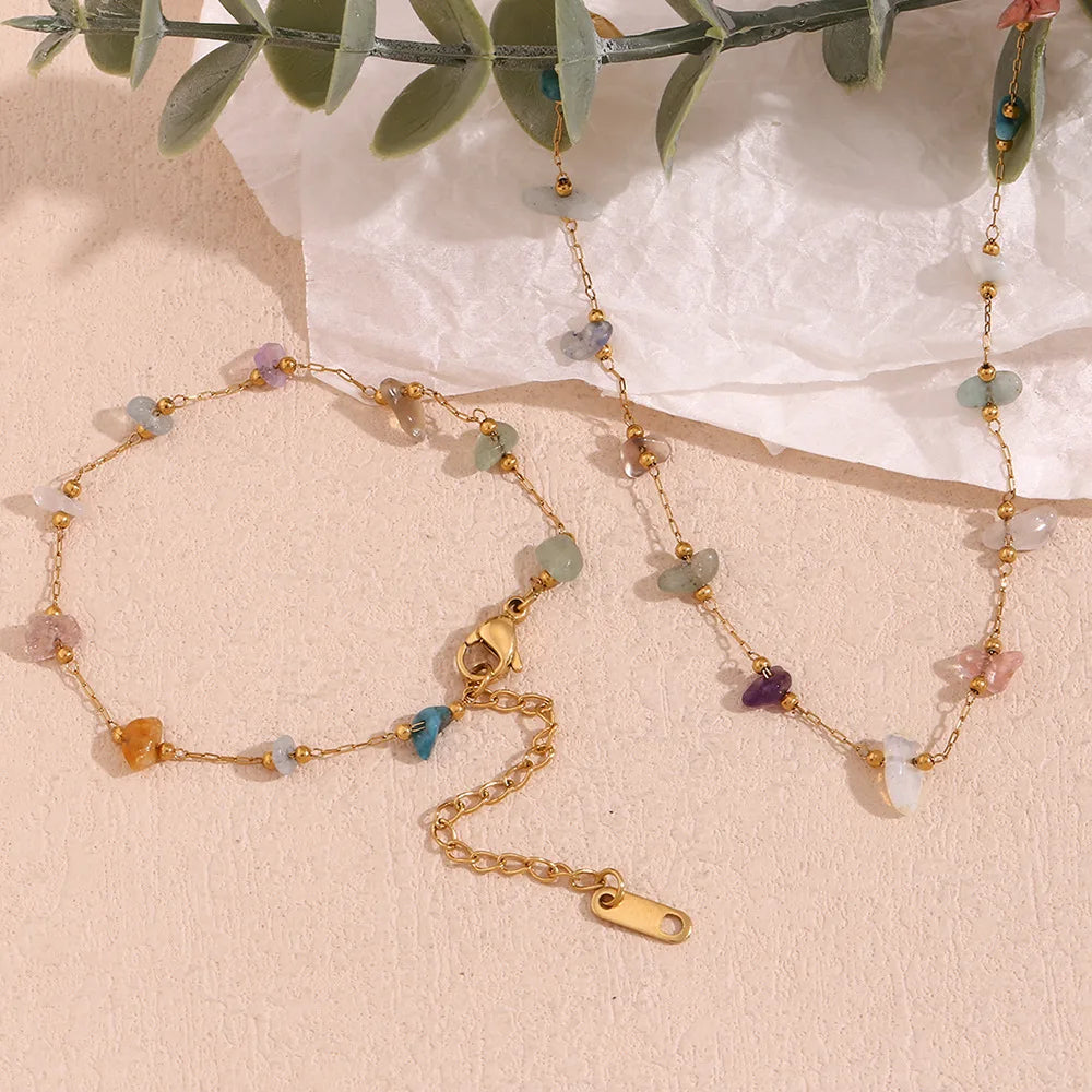 Colorful Natural Stone Choker Gemstone Beaded Gold Plated Necklace Stainless Steel Jewelry Gift for Women