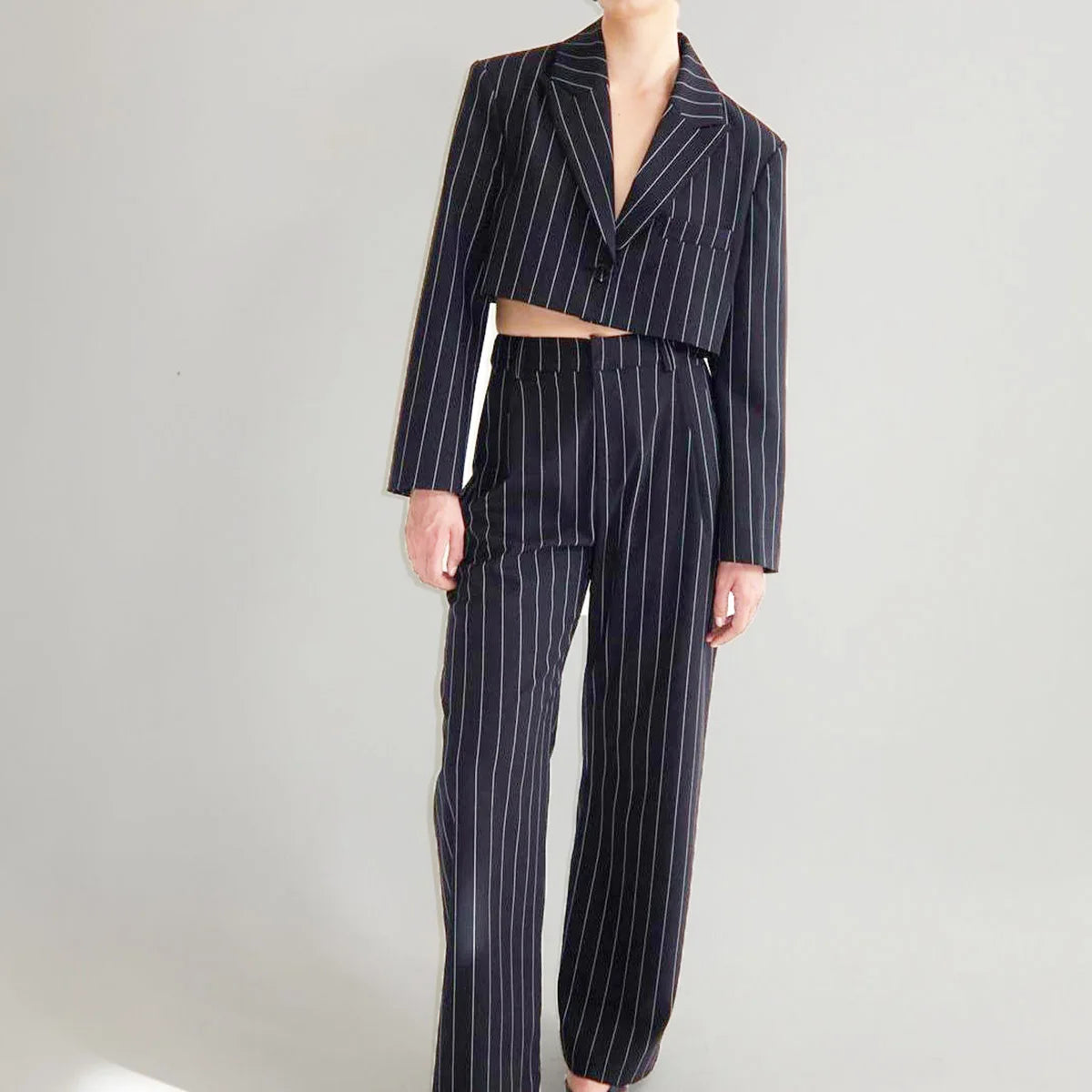 Enyami Long Sleeve Casual Office Suit Street Formal Wear Striped Blazer Navy Cropped Women Chic Tie up Long Pants Set