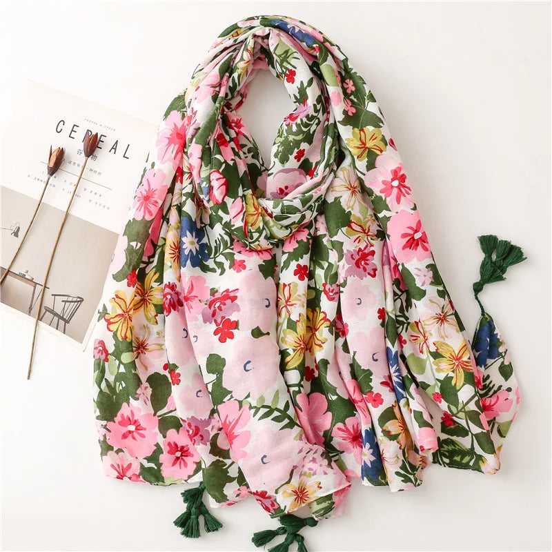 New Arrival Floral Printed Cotton Viscose Scarf Women's Muslim Hijab Scarves Square Size Custom Logo Headscarf