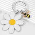 Cute Metal Keyring Key Bag Charm Enamel Bee White Daisy Flower Keychain for Women
