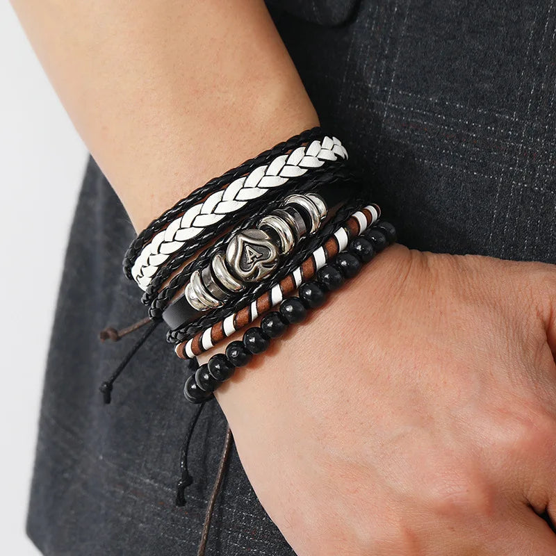 Wholesale Newest 4piece Mens Beaded Bracelets Woven Multi Layered Leather Heart Bracelet Jewelry Set