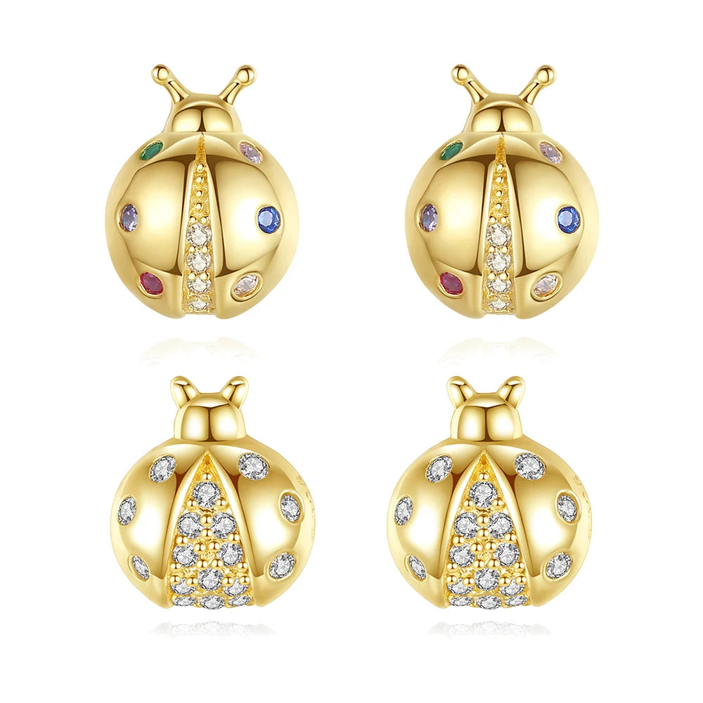 Daidan Silver Earrings 925 Sterling Colorful Cubic Zirconia Stud Insect Ladybug 14K Cute Earrings