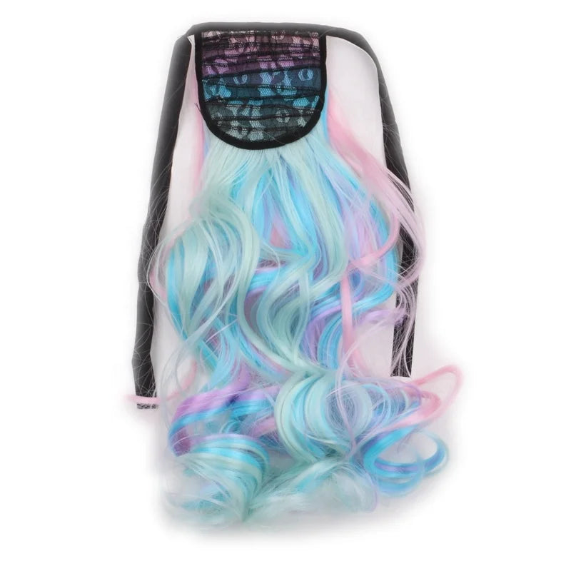 Pastel Color 22Inch Synthetic Clip in Drawstring Ponytail Extension Wavy Curly Ponytail With Ribbon for Kids