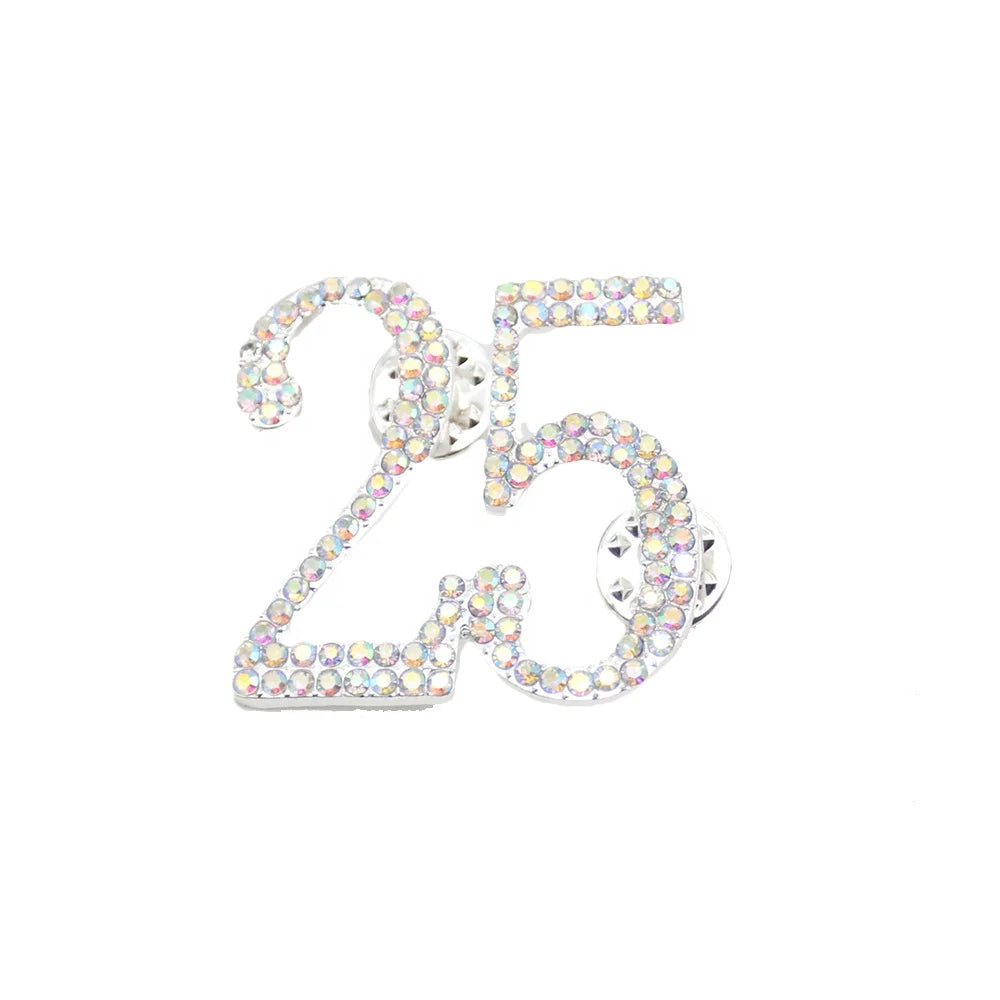 Rhinestone Crystal Number 25 Silver Plated Brooch Pin Ladies Jewelry for Wedding Engagement Gift