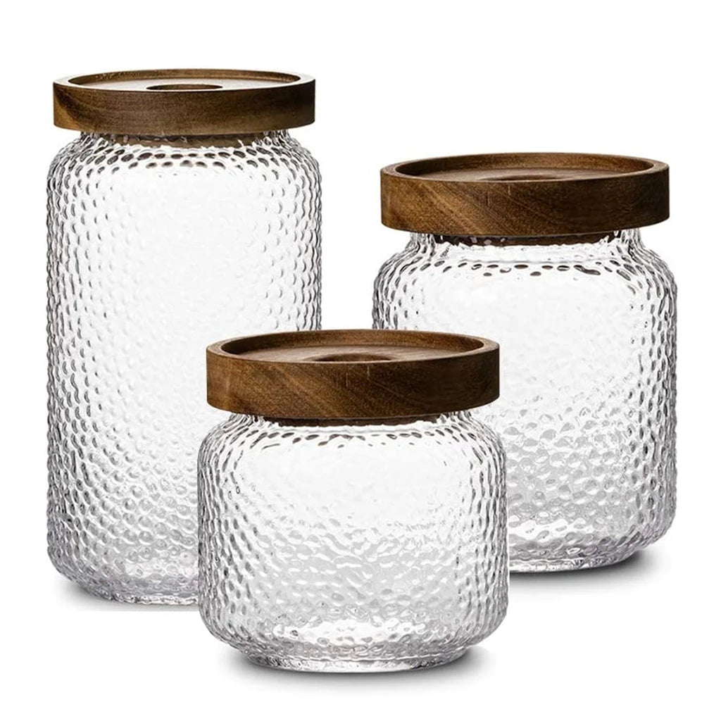 3 Pack Anti-Slip Hammered Borosilicate Glass Kitchen Canisters with Airtight Wood Lid Cover Styles for Condiments Storage Jar