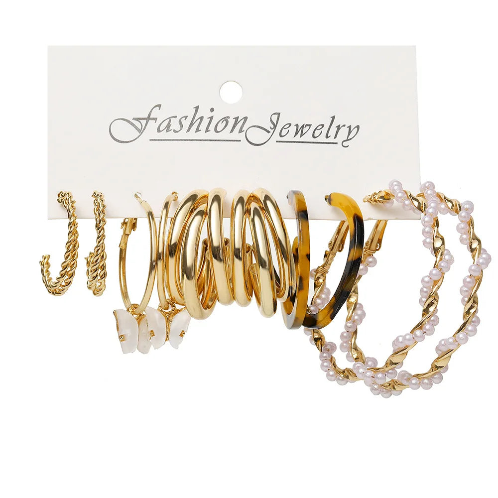 Fashion Vintage Gold Silver Color Pearl Hoop Earrings Set For Women Geometry Butterfly Hoop Earrings Jewelry
