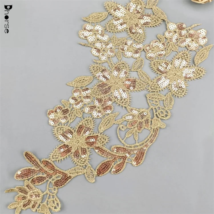 Wholesale Bling Sequins Embroidery Lace Gold Applique for Dress