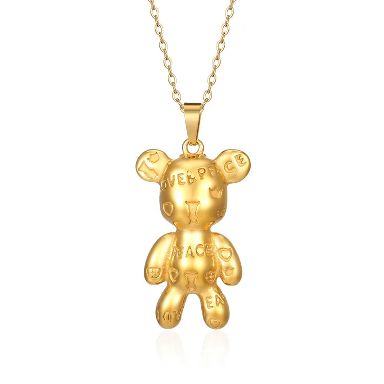 Wholesale Fashion Jewelry Titanium Steel 18k Gold Plated Necklace Cute Letter Little Bear Pendant Necklace