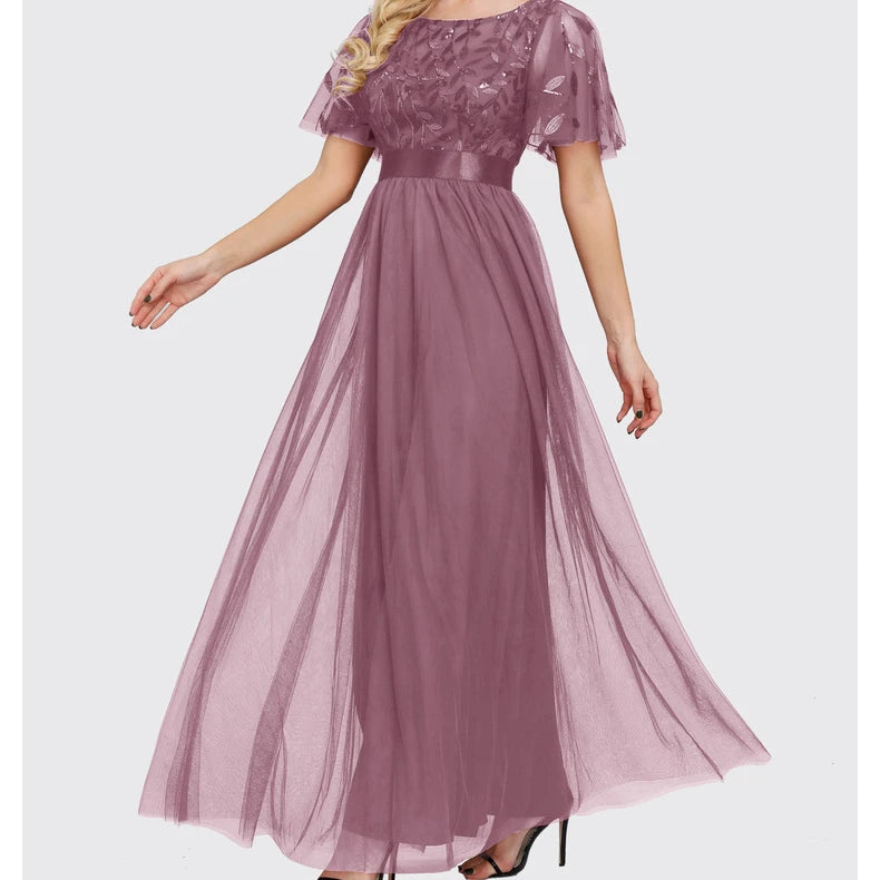 Spring and Autumn 2023 Elastic Waist Spliced Round Neck Party Large A-Line Mesh Evening Dress for Women