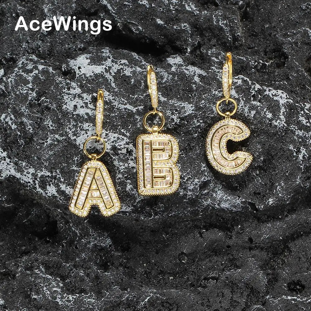 E039  Bling Bling CZ Letters  Earrings Men Brass Setting Zircon Stud Earrings Hip Hop Jewelry