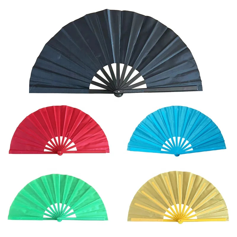 High Quality Cheap Pure Solid Color Plastic Ribs Fabric Large Hand Folding Fans Party Rave Fan for Dance and Gift