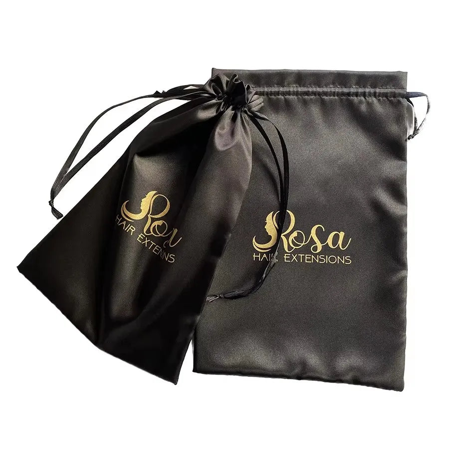 Black Silk Satin Packaging Bags for Sex Toys Satin Makeup Brush Dust Bag With Gold String Black Satin Hair Extensions Bags