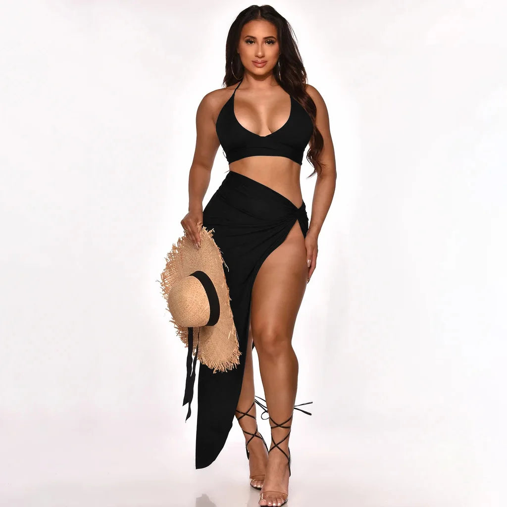 New V-neck Lace up Backless Two-piece Set Long Skirt Beach Sexy Women's Two-piece Midi Dress MegaBDM