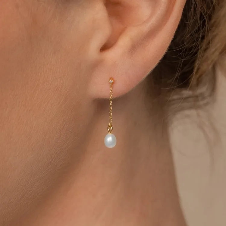 Dainty Fresh Pearl Jewelry 925 Sterling Silver Cz Pave Long Chain Fresh Pearl Drop Earrings for Women