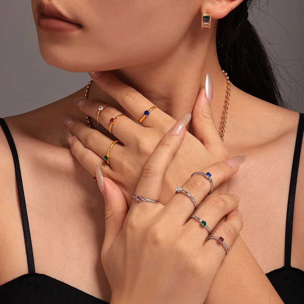 Bohemian Style Stainless Steel Colored Zircon Ring Fashion 18K Gold Plated Adjustable Ring for Women Exquisite Elegance Jewelry