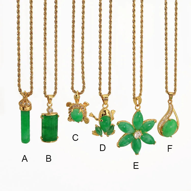 NZ1485 18k Gold Plated CZ Paved Chinese Style Genuine Green Jade Buddha Pillar Heart Turtle Phoenix Ornament Amulet Necklace