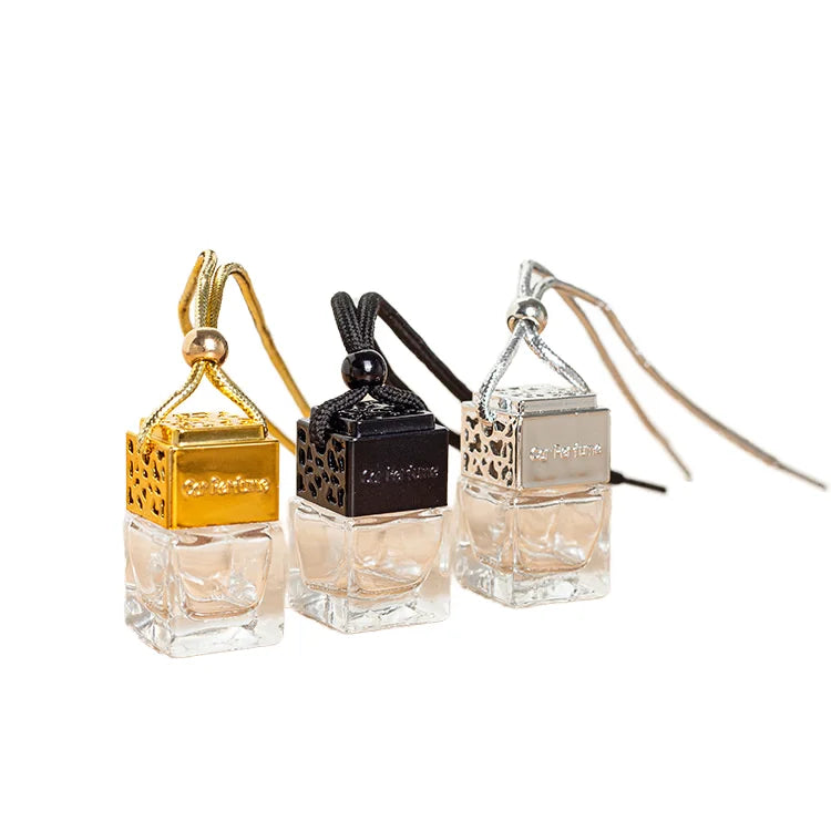 Custom Mini 10ml Hollow Square Glass Car Perfume Bottle Screw Cap Pendant Pump Cork Frost Display Packaging Screen Printed