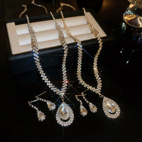 Luxury Bling Zircon Crystal Wedding Engagement Jewelry Sets Zircon Bridal Necklace Earrings Set (KJ089)