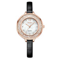 Fashionable Female Quartz Watch with Diamond-Set Leather Strap 3ATM Waterproof Alloy Case Glass Dial Window Pointer Display
