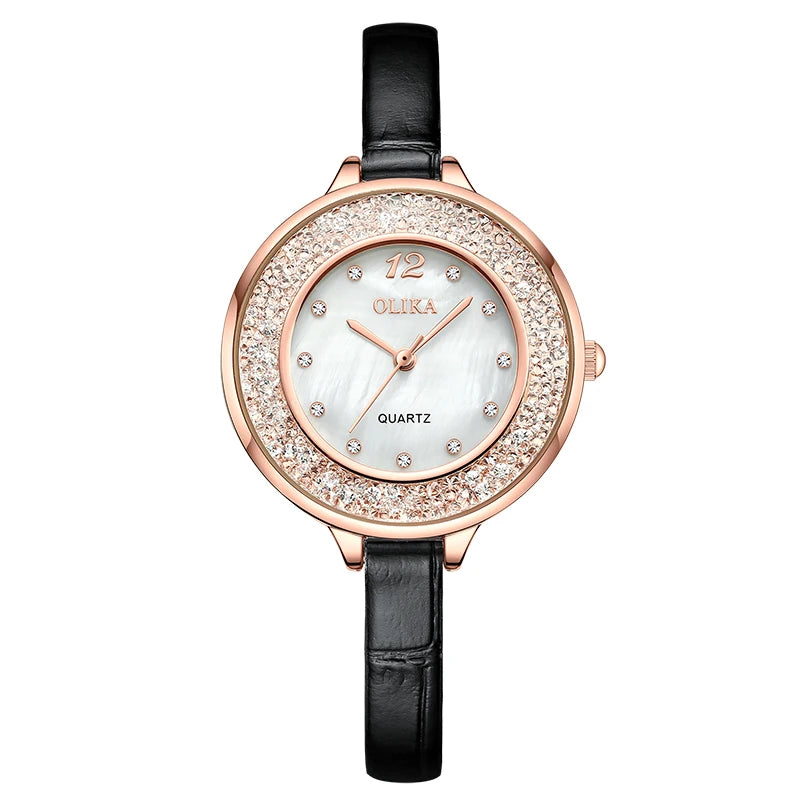 Fashionable Female Quartz Watch with Diamond-Set Leather Strap 3ATM Waterproof Alloy Case Glass Dial Window Pointer Display