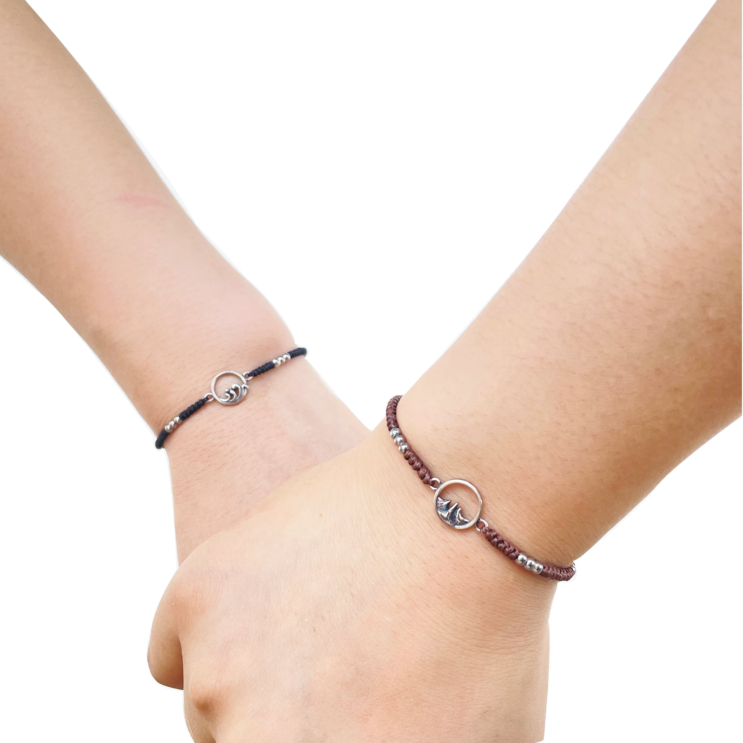 Antique Silver Alloy Couple Bracelet Ethnic Simple Handmade Matching Bracelets with Mountain Sea Charm Braided String for Gift