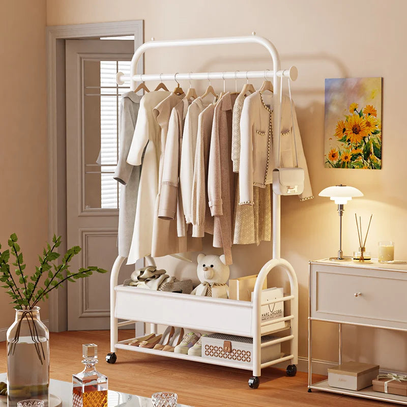 Modern Double-Pole Steel Storage Rack Pulley Movement Portable Multifunctional for Hotel Dining Bedroom Living Room Coat