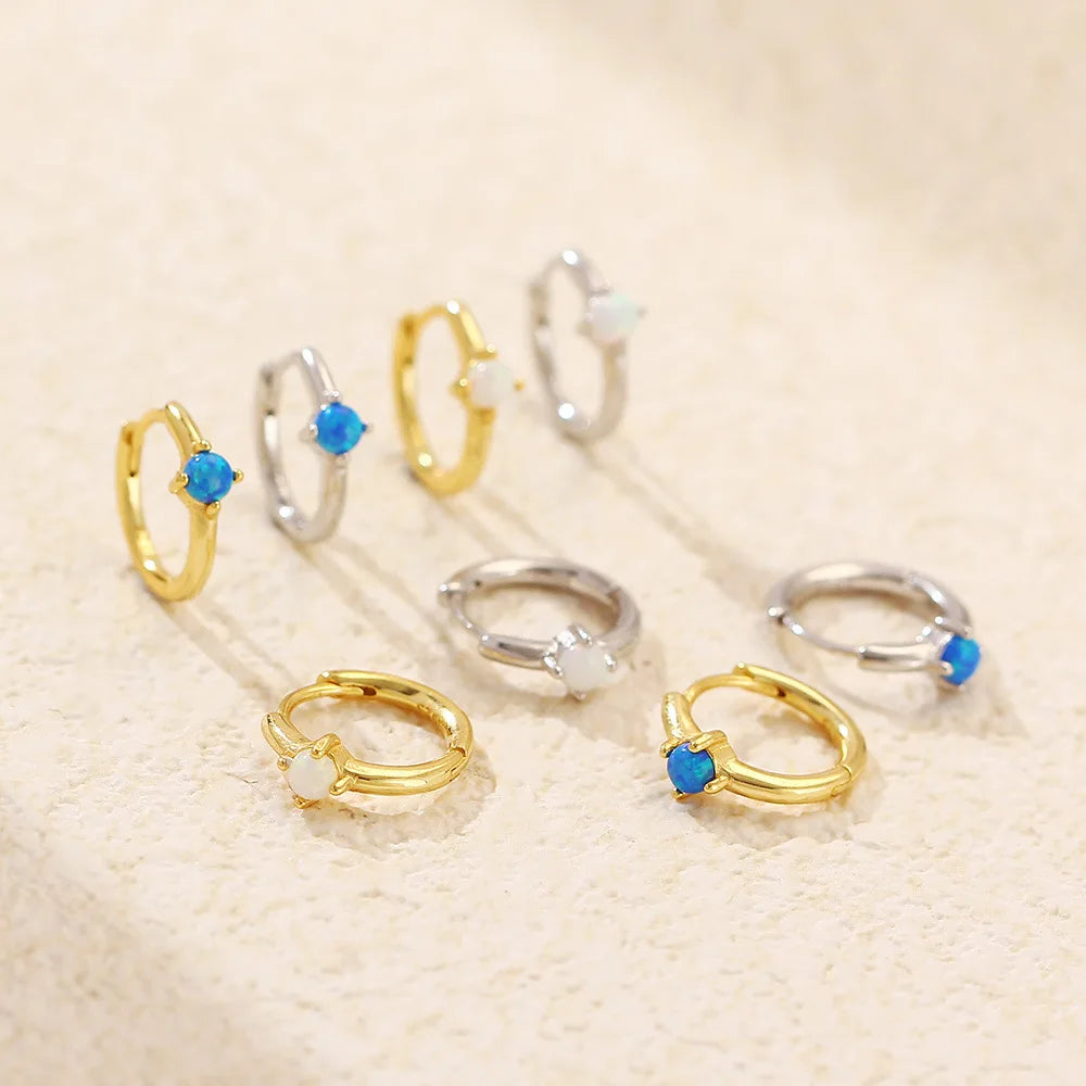 Wholesale Fashion Jewelry 925 Sterling Silver Four Claws Round Synthetic White Opal Gold Plated Hoop Earring Jewelry for Women