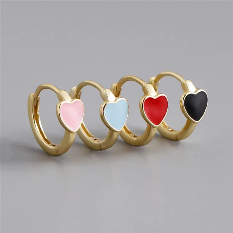SP Cute Minimalist Enamel Heart Hoops S925 Sterling Silver Heart Enamel Hoop Earrings