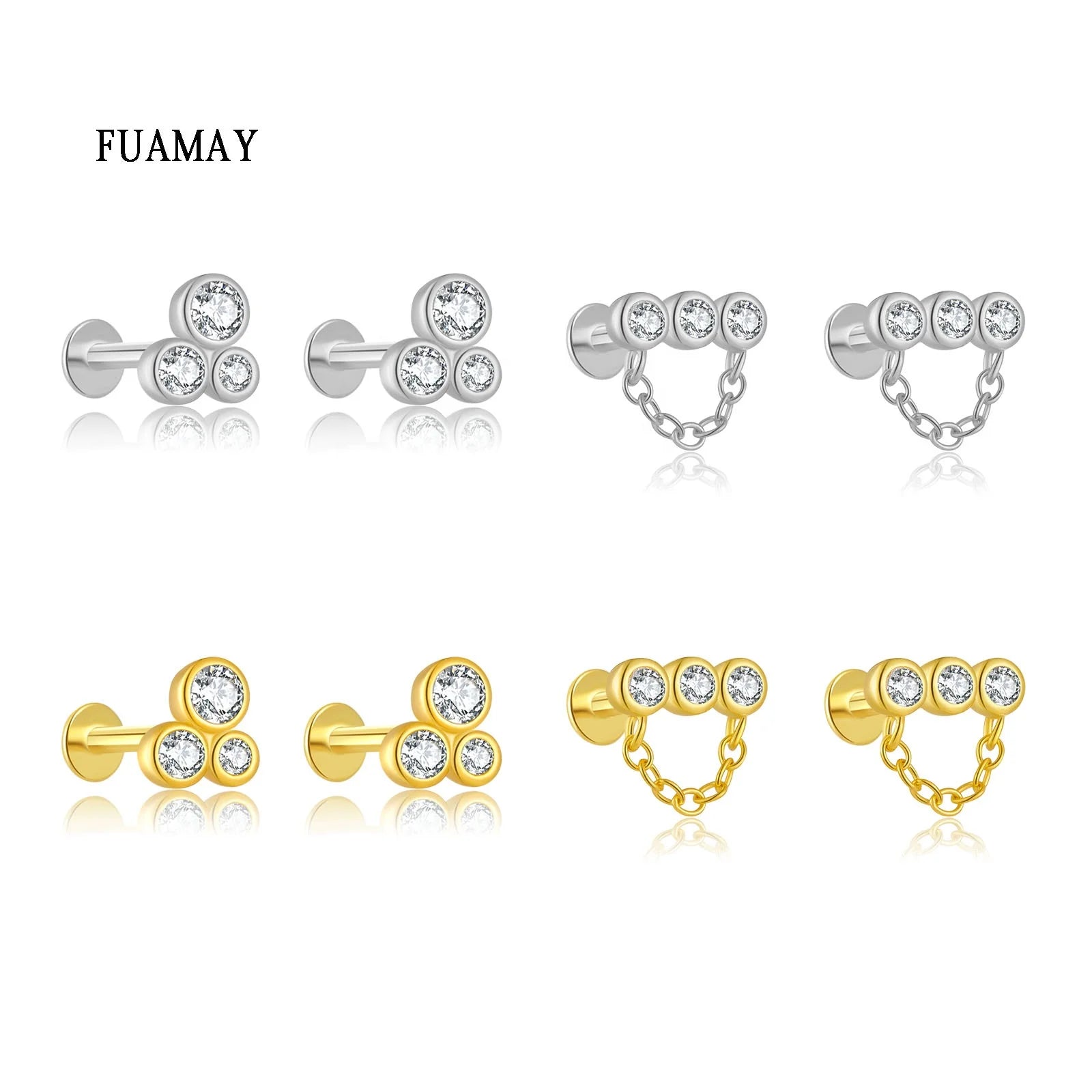 FUAMAY 2023 Trendy White Zircon Trio CZ Flat Back Earrings Gold Plated Emerald Cut for Anniversary Party Gift