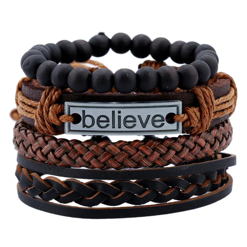 Vintage Men's Bracelet Inspirational Believe Bracelet Set  Leather Bracelet