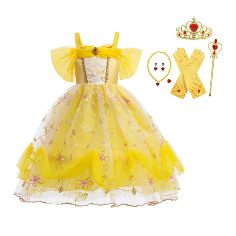 Hot Sale Embroidery Off Shoulder Kids Girl TV Movie Costume Beauty and the Beast Cosplay Costumes Party Fancy Dress
