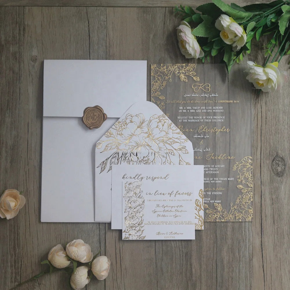 Custom Gold Foil Frosted Acrylic Wedding Invitation Cards with Embossed Monogram Logo White Envelope