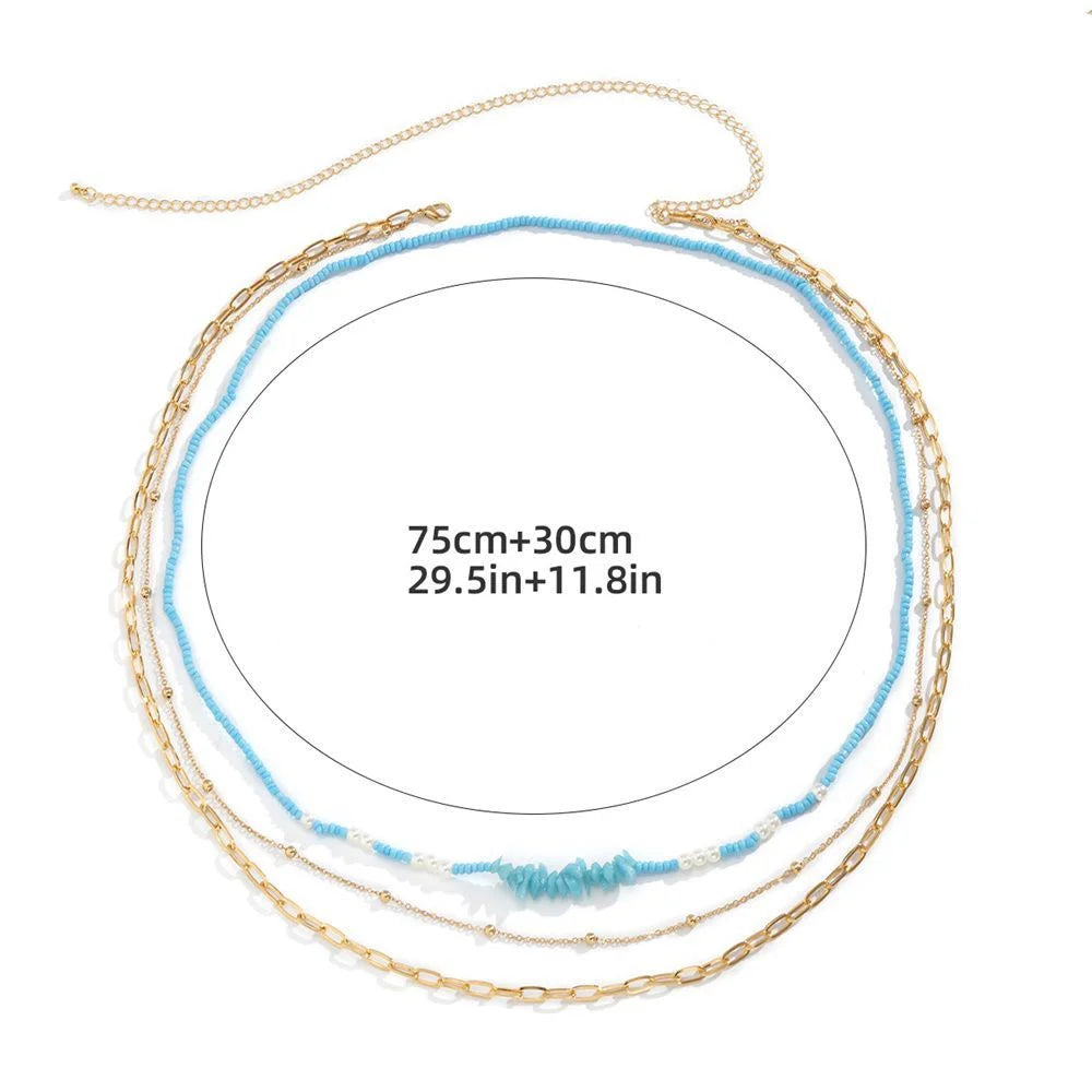 Handmade Glass Seed Beads Waist Belly Chain Chunky Metal Chain Plus Stone Charm  for Women Elastic Cord Stretchy Body Jewelry