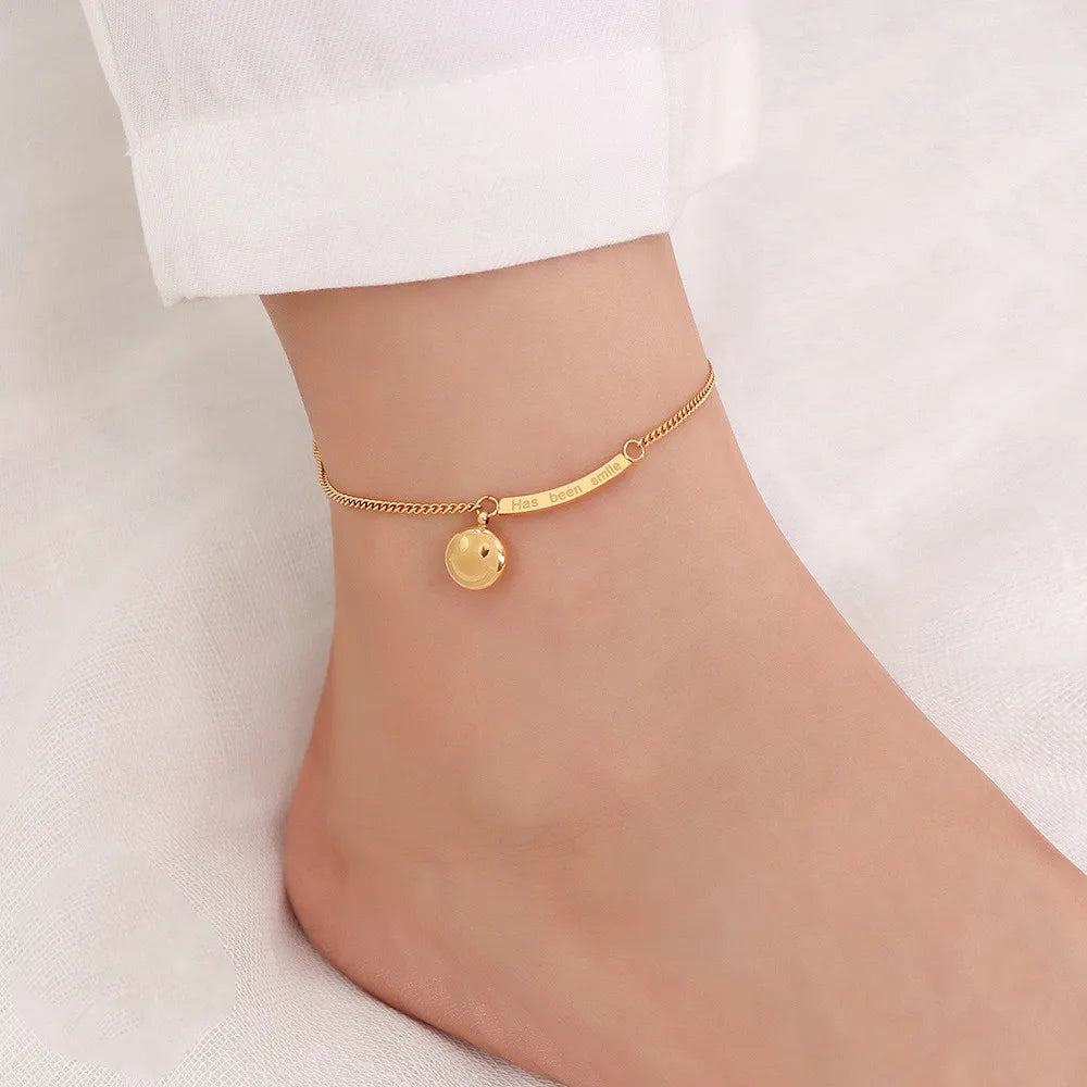 Korean Version of Simple Personality Stainless Steel 18K Gold Smiling Face Pendant Beach Anklet Women Spot Wholesale