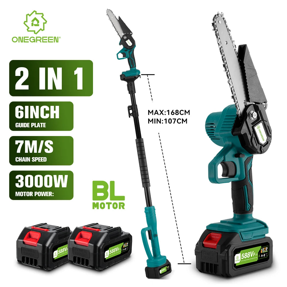 3000W Telescoping Pole Electric Chainsaw 2.07m Cordless Steel DIY Garden Tree Pruning Tool High Branch Saw for 18V Battery