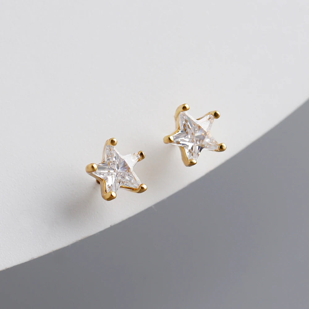 Wholesale Fashion Jewelry 925 Sterling Silver Pentagram Shape Zircon Gold Plated Stud Earring Jewelry for Women