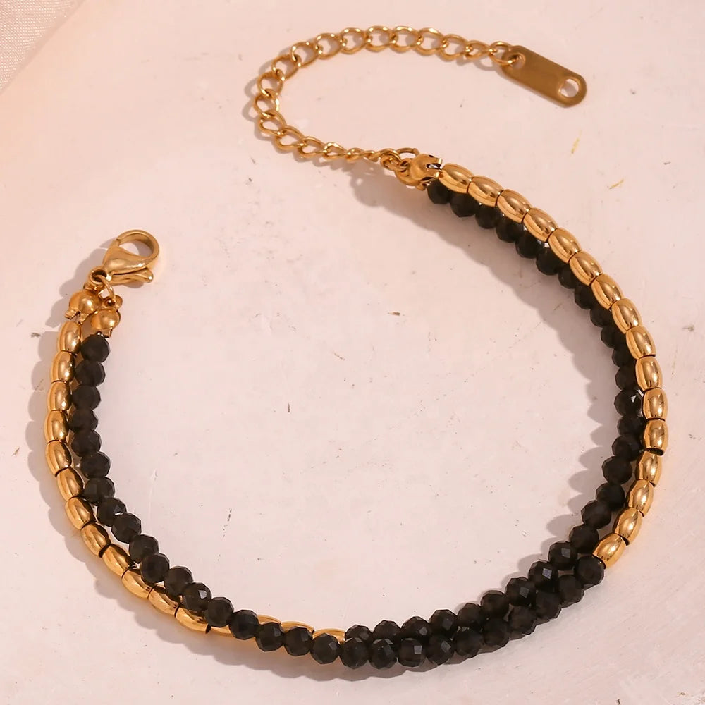 Dreamshow Fashion Jewelry Obsidian Natural Stones Necklace 18k Gold Plated Stainless Steel Necklace Collier En Acier Inoxydable