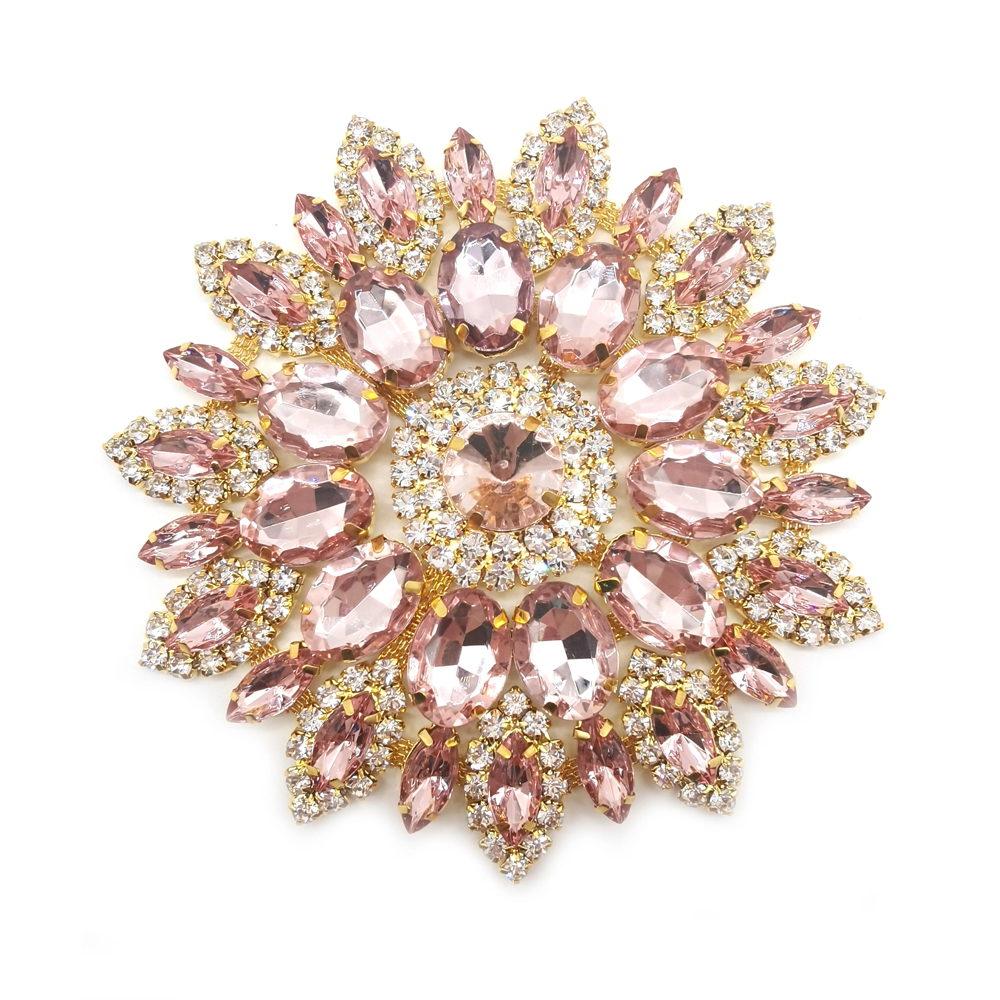 Sparkly Round Shape Gold Metal Rhinestone Applique Light Pink Rhinestone Embellishments Sew on Rhinestone Applique for Dress