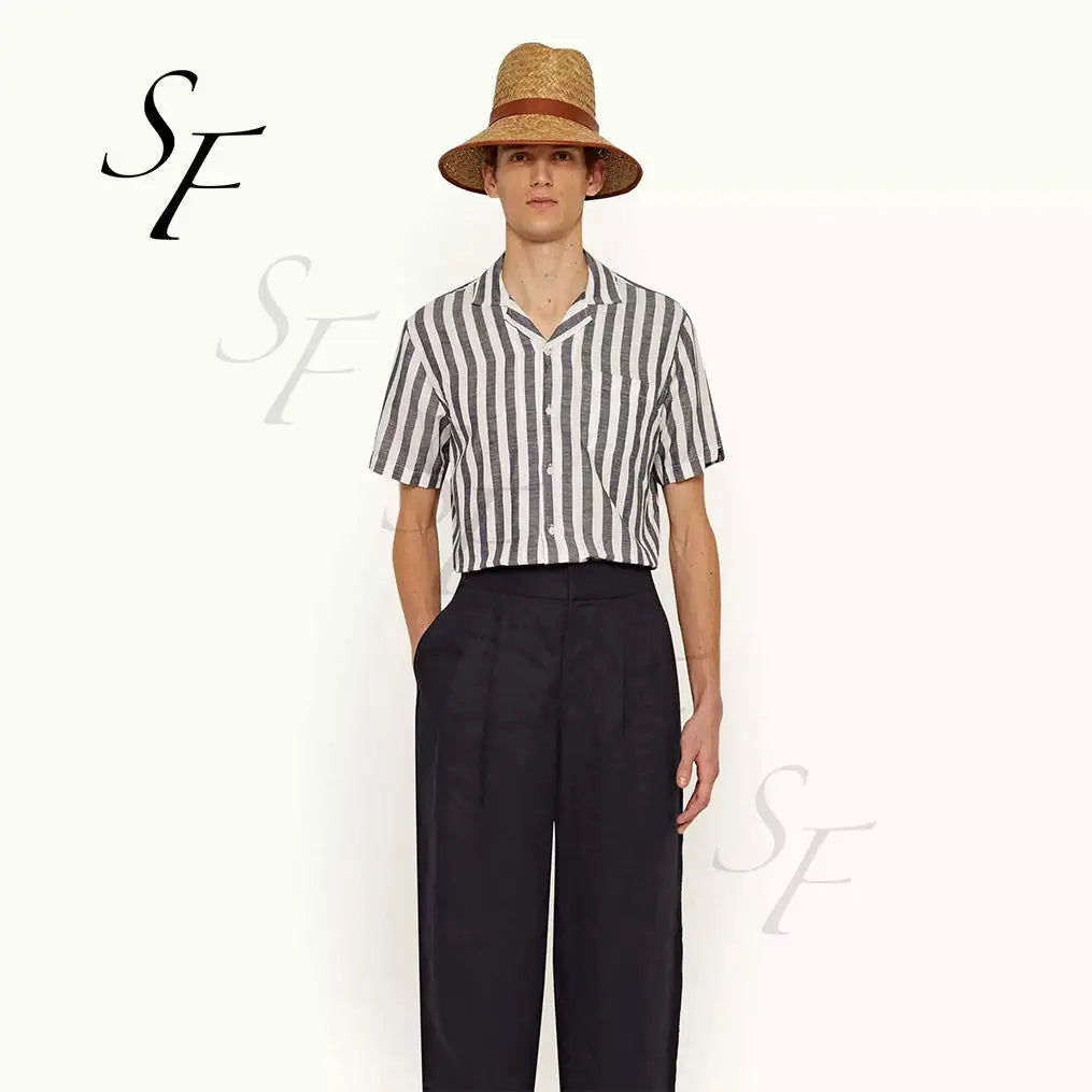 Wholesale Custom Logo Cotton Men Plus Size Collar Stripe Linen Blend Plain Graphic Short Sleeve Blouses Shirt for Men