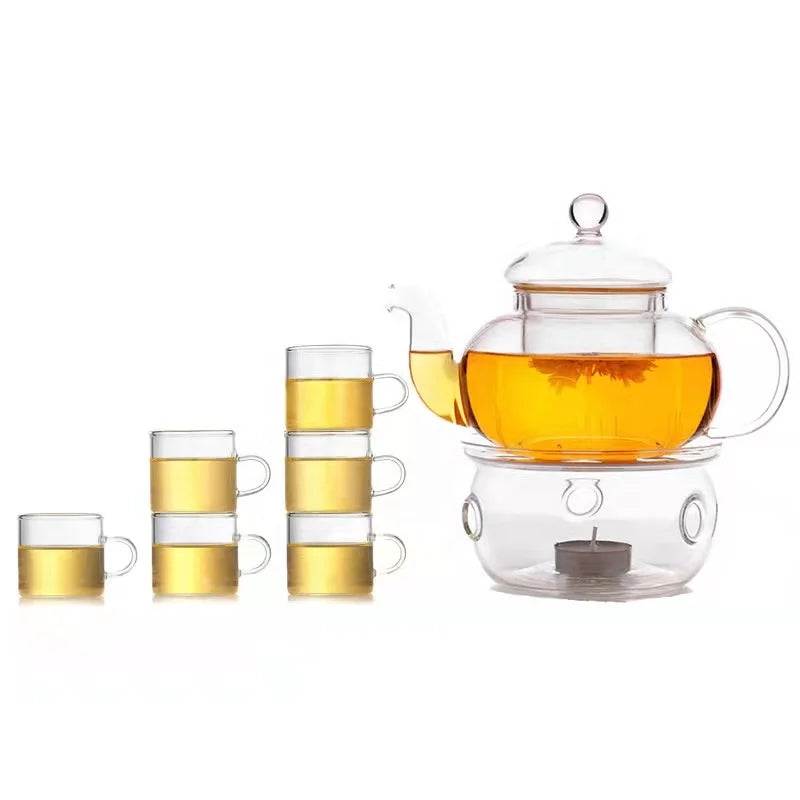 27oz Glass Teapot Set Stovetop Safe Tea Infuser Maker With Candle Warmer and 6 Double Wall TeacupsBlooming & Loose Leaf Tea Pot