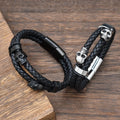 Men's Stainless Steel Skull Black Leather Bracelet with Magnetic Clasp Fashionable Bracelet for Men