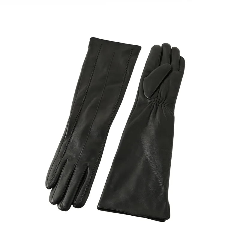 Women's 45cm Long Genuine Leather Sheepskin Gloves Autumn Winter Warm Fleece Fashion Daily Use Wholesale