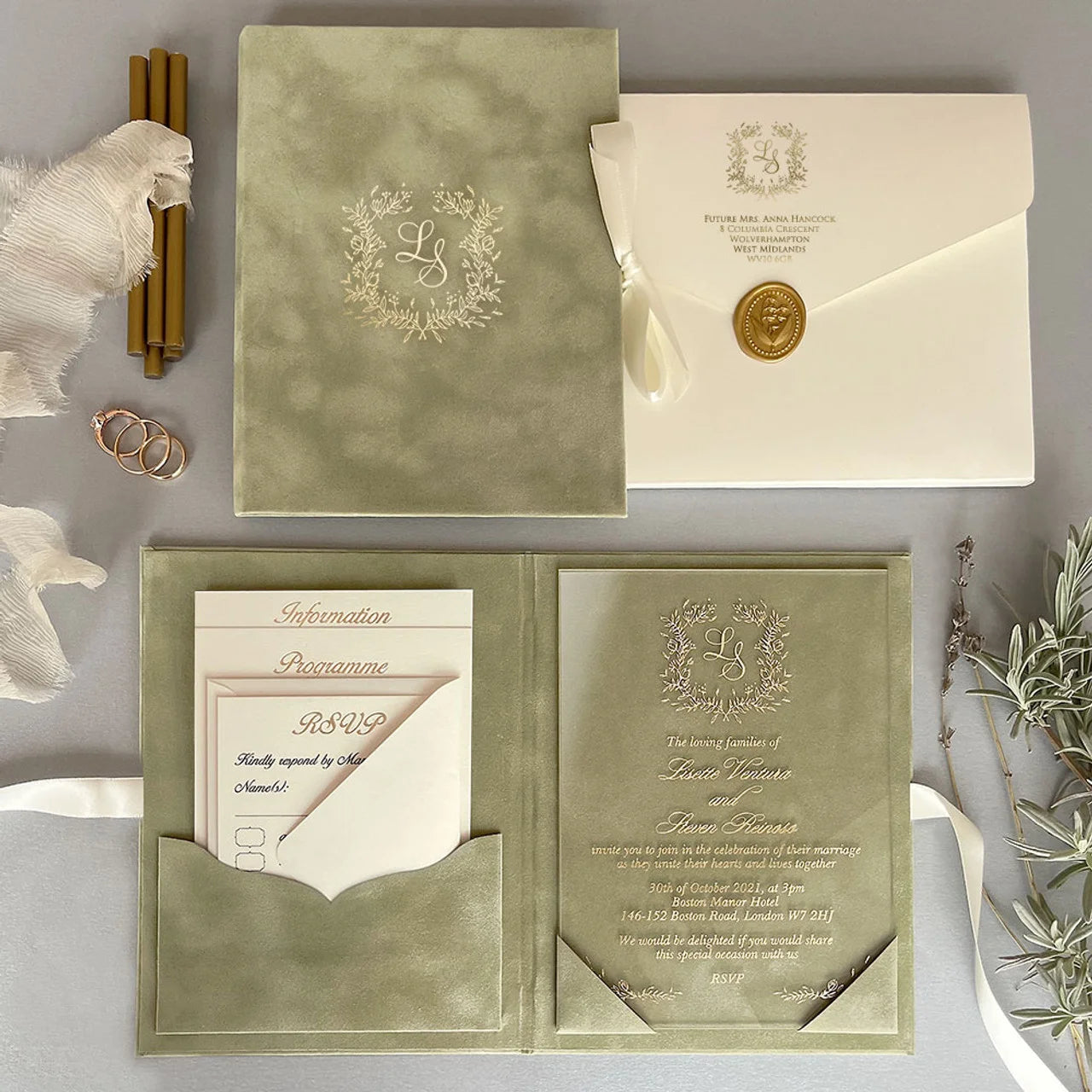Best Sale Sage Green Velvet Envelope Wedding Invitation With Rsvp Card Acrylic Design Wedding Invitation Cards