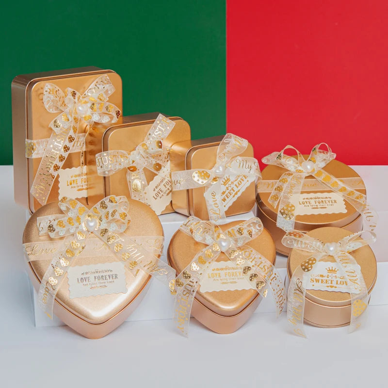 Luxury Heart-Shaped Valentine Tin Box Customizable Gold Gift Packaging with Card for Chocolate Candle Craft Storage